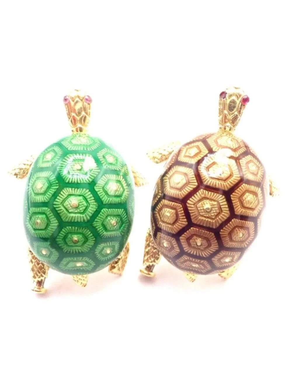 Vintage! Boucheron France 18k Yellow Gold Enamel Set Of Two Turtle Brooches